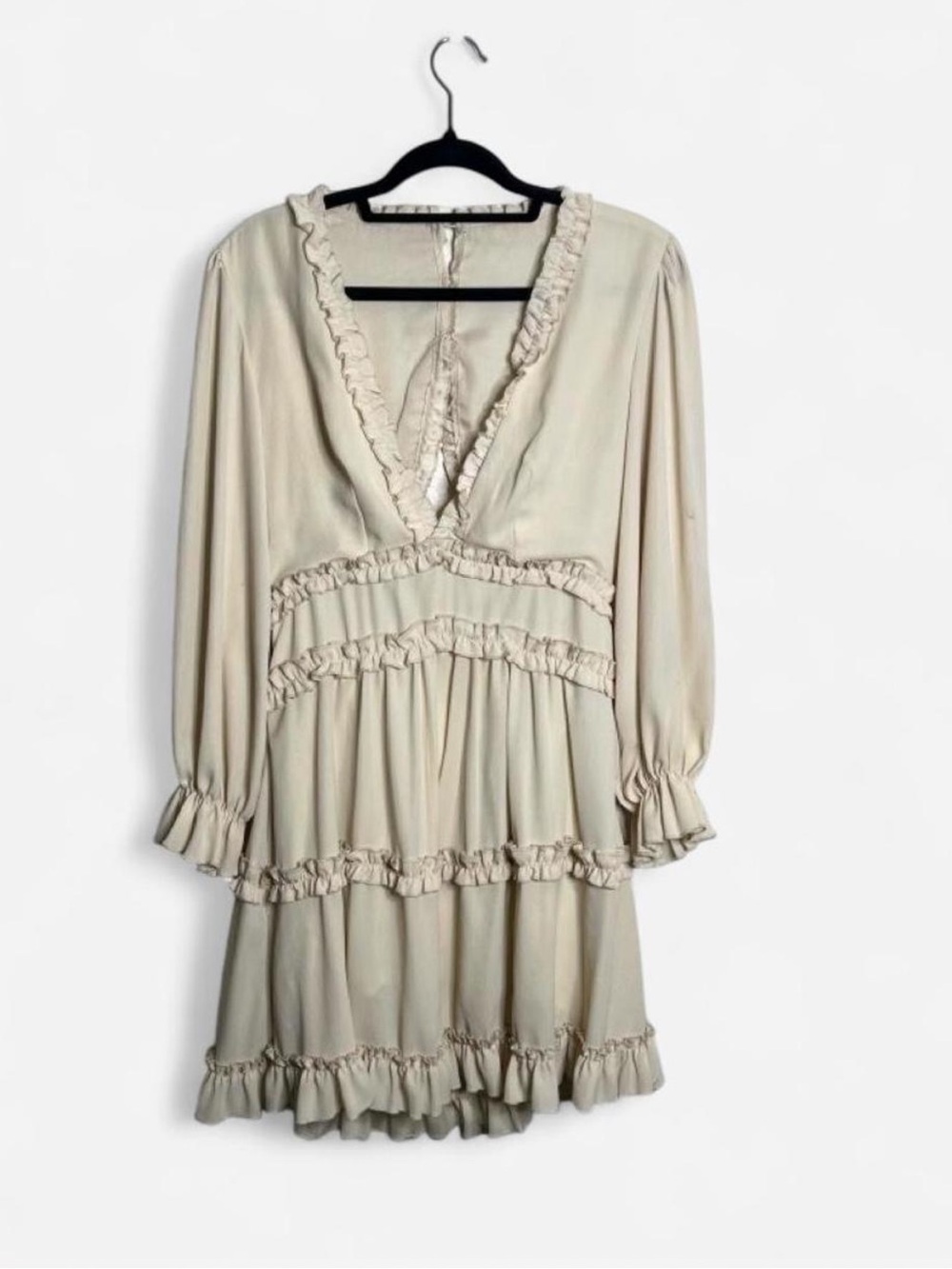 Ruffle-Trim V-Neck Mini Dress in Cream